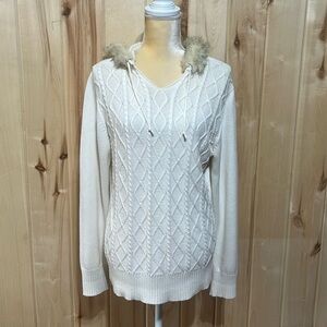 NILS White‎ Cable Knit Fur Hood Pullover Sweater Size L